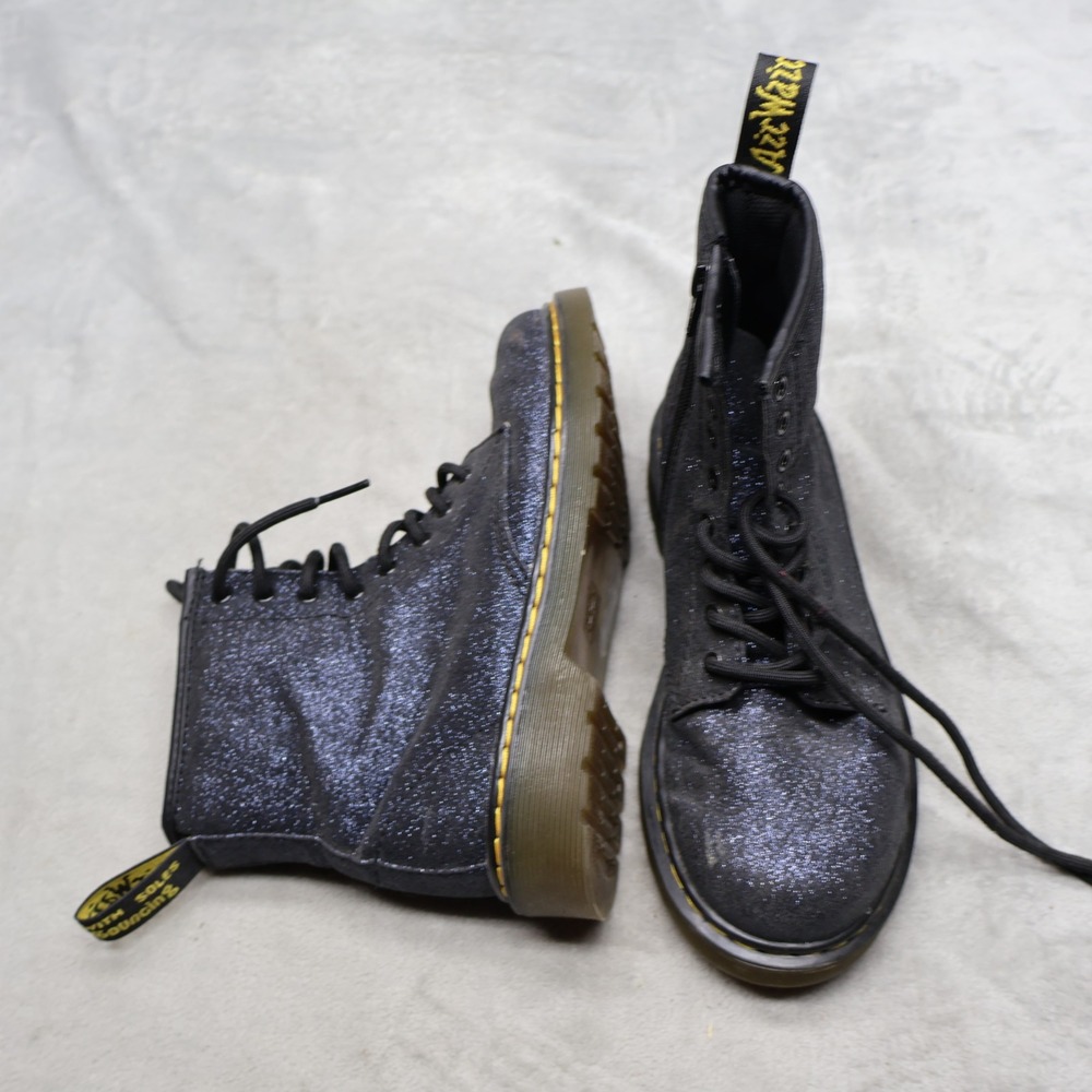 Dr. Martens Youth 3 Combat Delaney Boots Black Glitter Sparkle Side Zip Lace Up